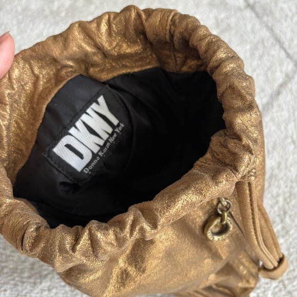 Vintage DKNY Metallic Gold Leather Backpack Purse Drawstring Shoulder Bag